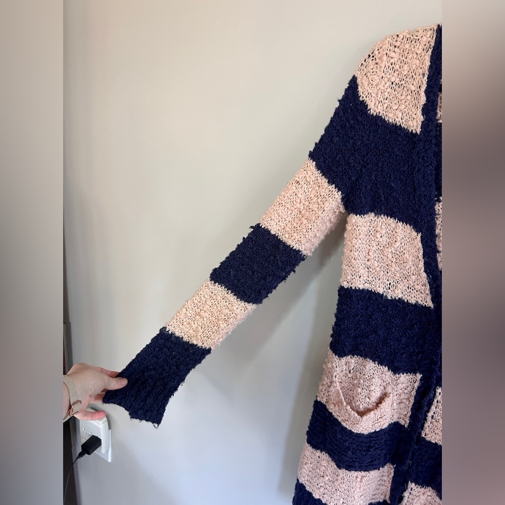 FREE PEOPLE Rugby Striped Chunky Bouclé Knit Long Cardigan Boho Cottage Size M - Picture 4 of 15